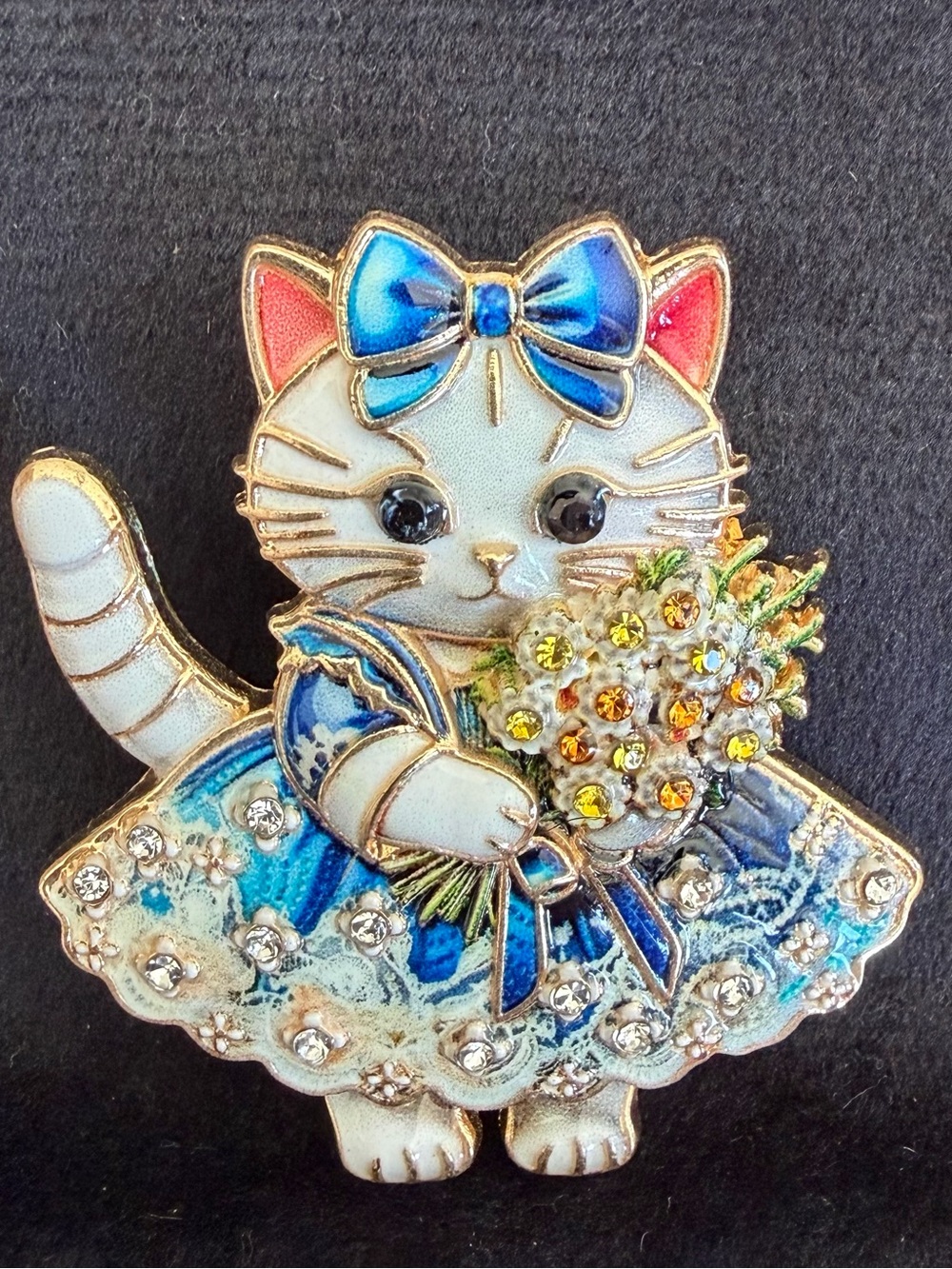 Blue Cat Brooch Pin with Rhinestone Eyes and Bouquet - Cute Enamel Pet Jewelry